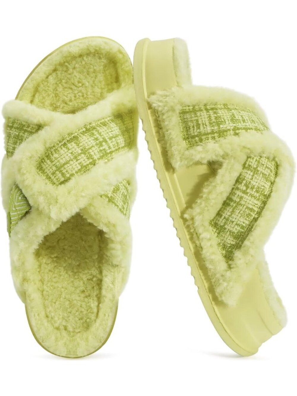 Women's Green Fuzzy Cross Band Platform Slippers Comfortable Indoor Outdoor